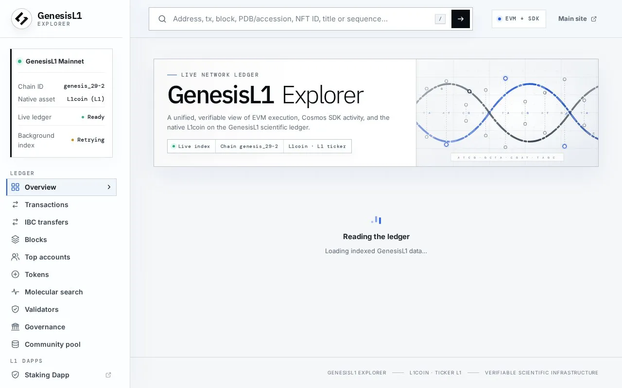 Genesis L1 — Genesis L1 blockchain explorer homepage screenshot
