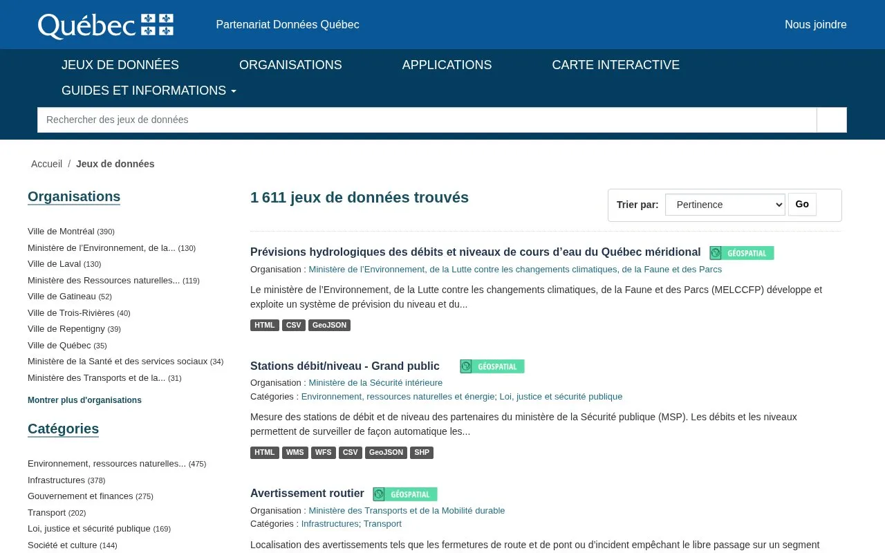 Données Québec homepage screenshot