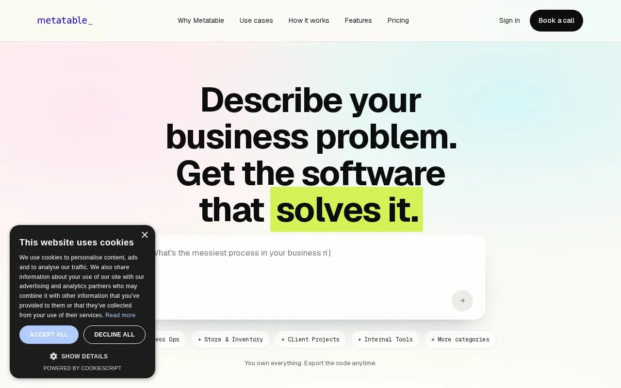 Metatable.ai homepage screenshot