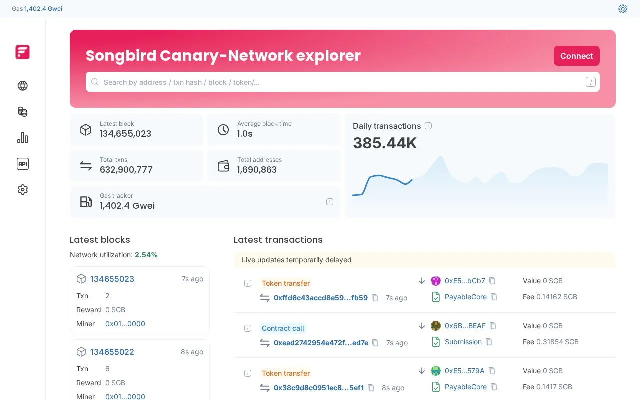 Songbird Canary-Network — blockscout homepage screenshot