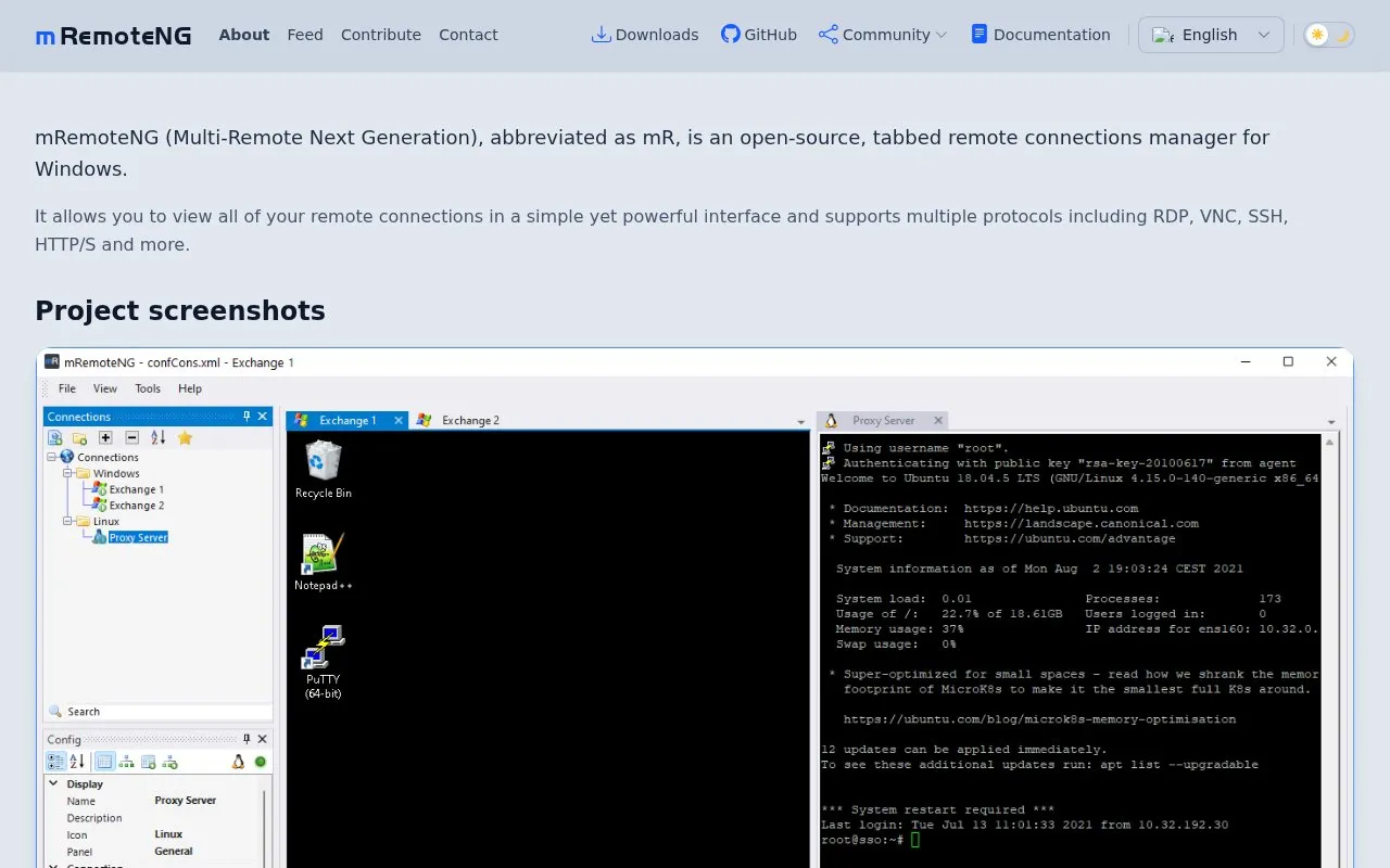 mRemoteNG homepage screenshot
