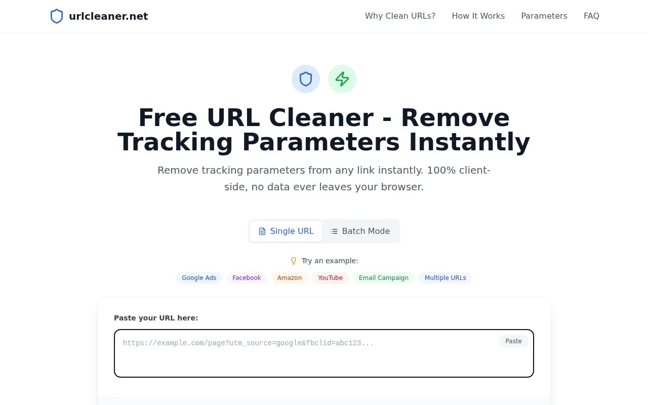 URLCleaner homepage screenshot