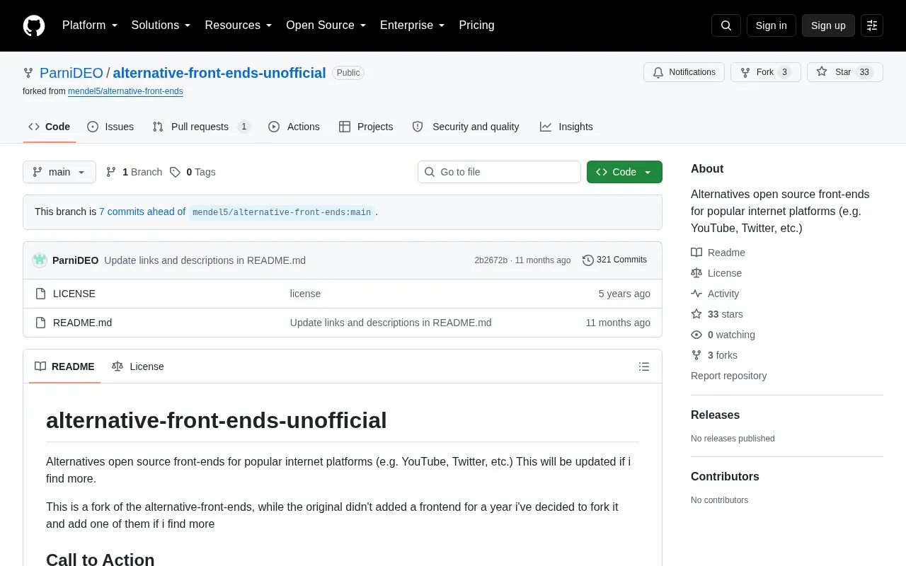 alternative-frontends homepage screenshot