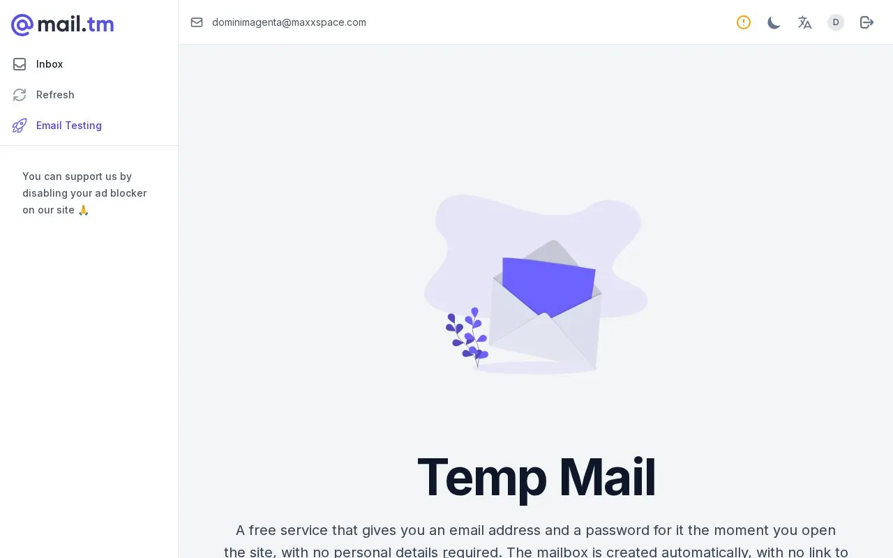 Mail.tm homepage screenshot