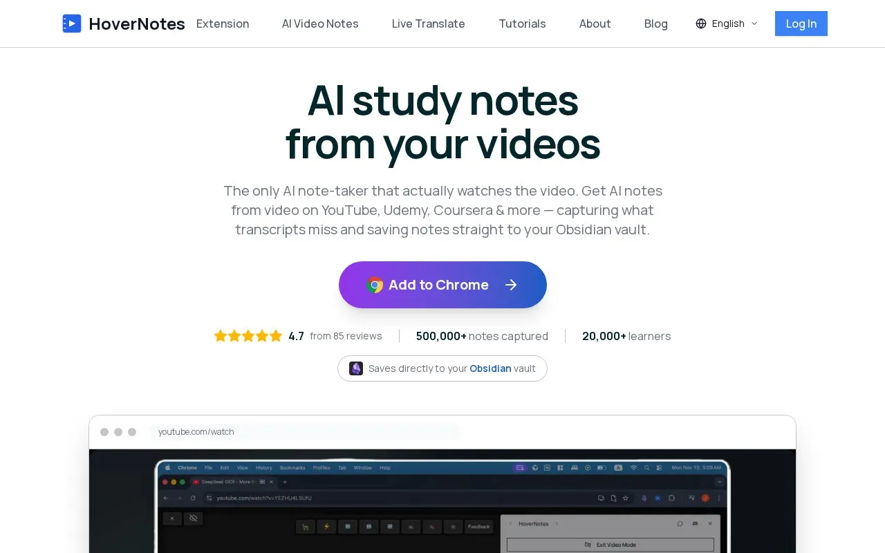 HoverNotes homepage screenshot
