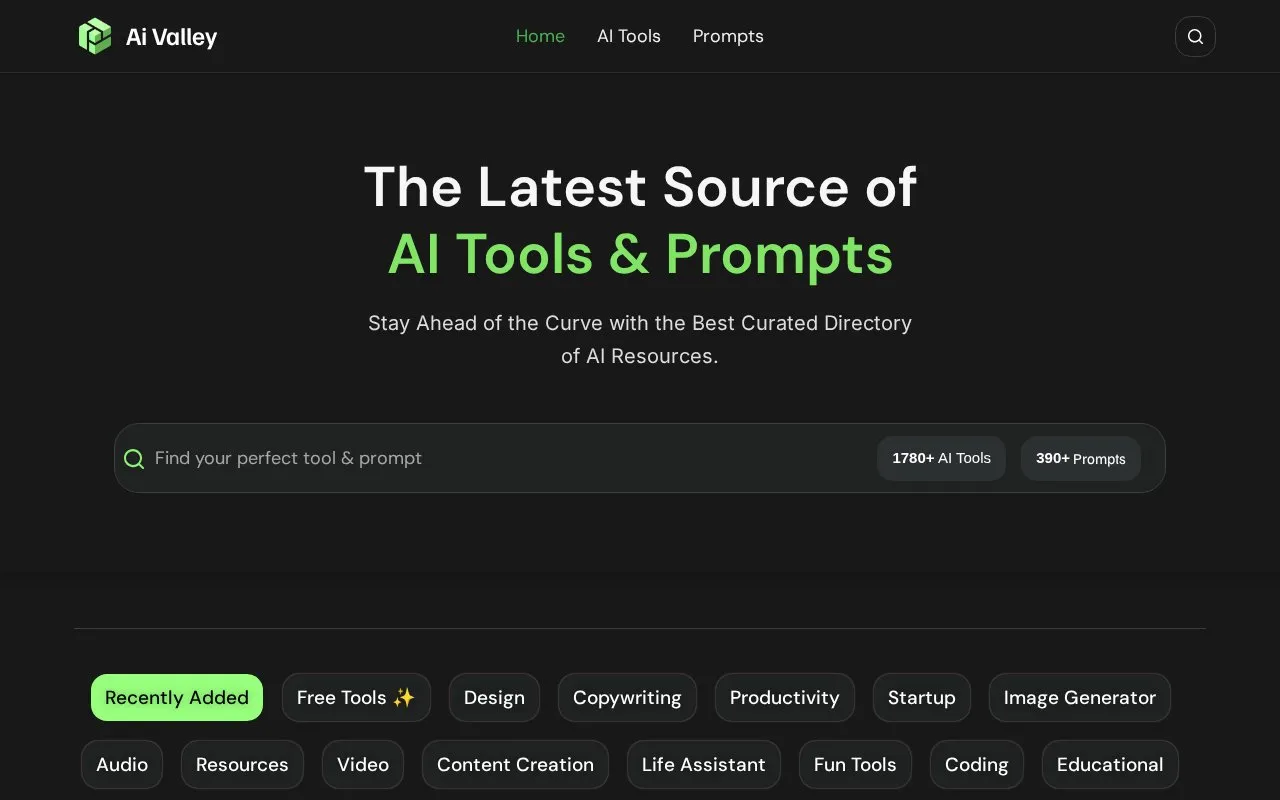 AI Valley homepage screenshot