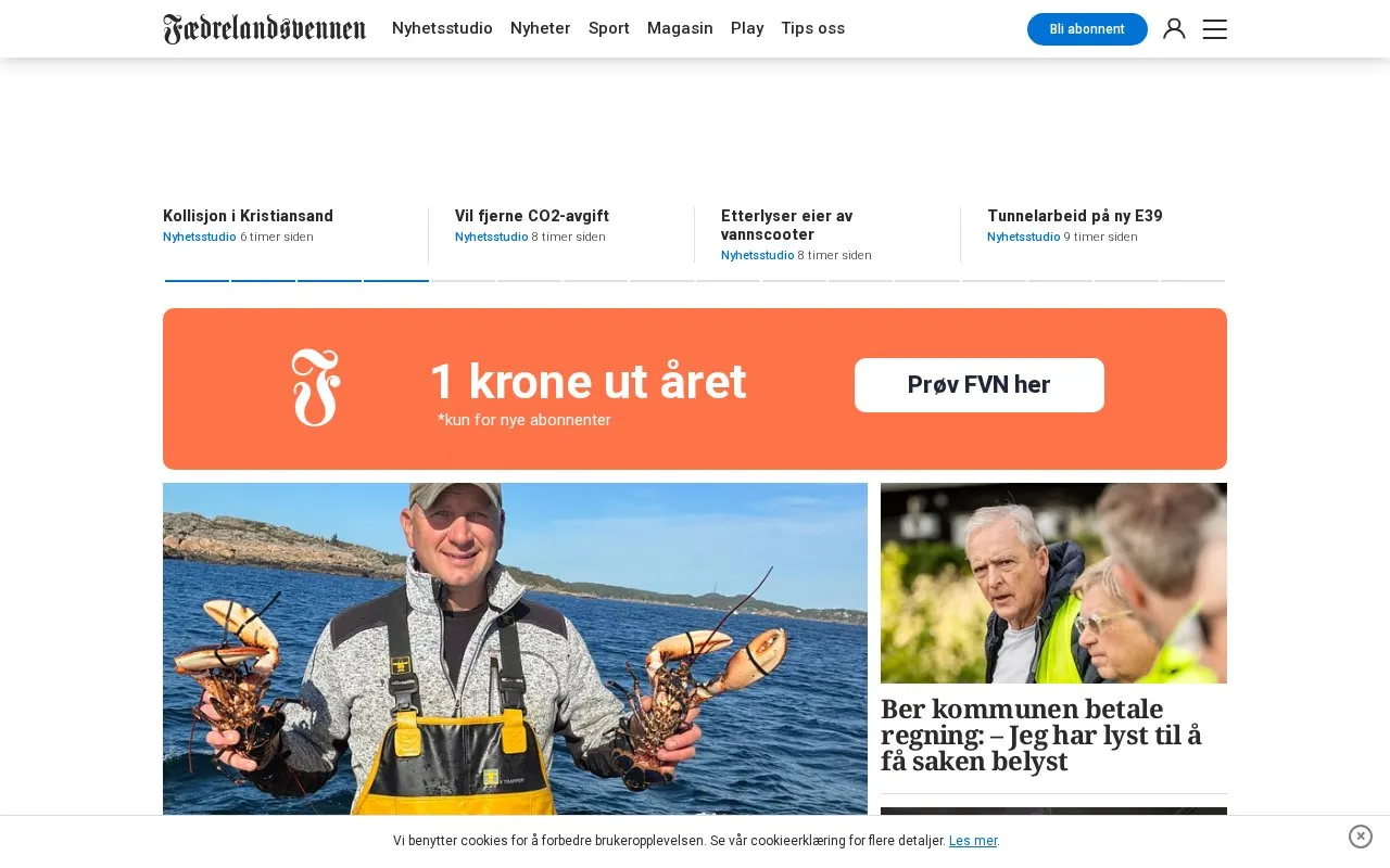 Fædrelandsvennen homepage screenshot