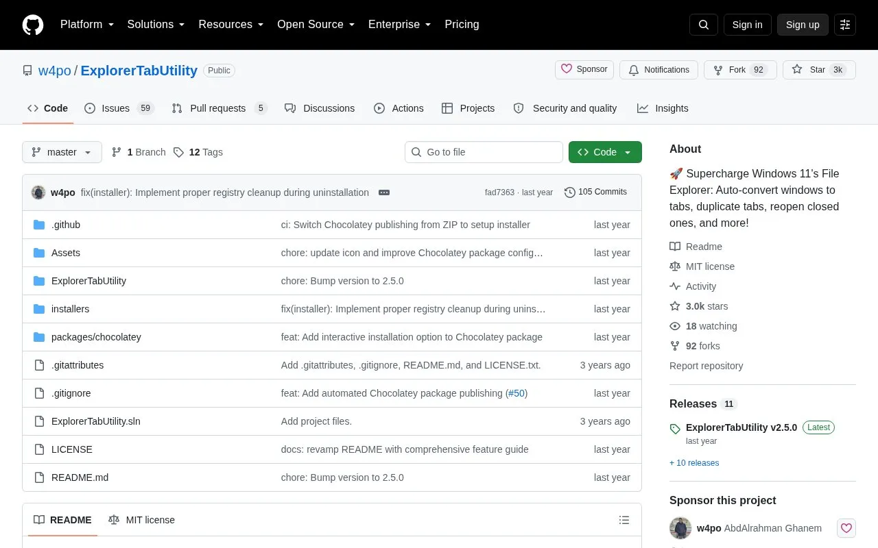 Explorer Tab Utility homepage screenshot