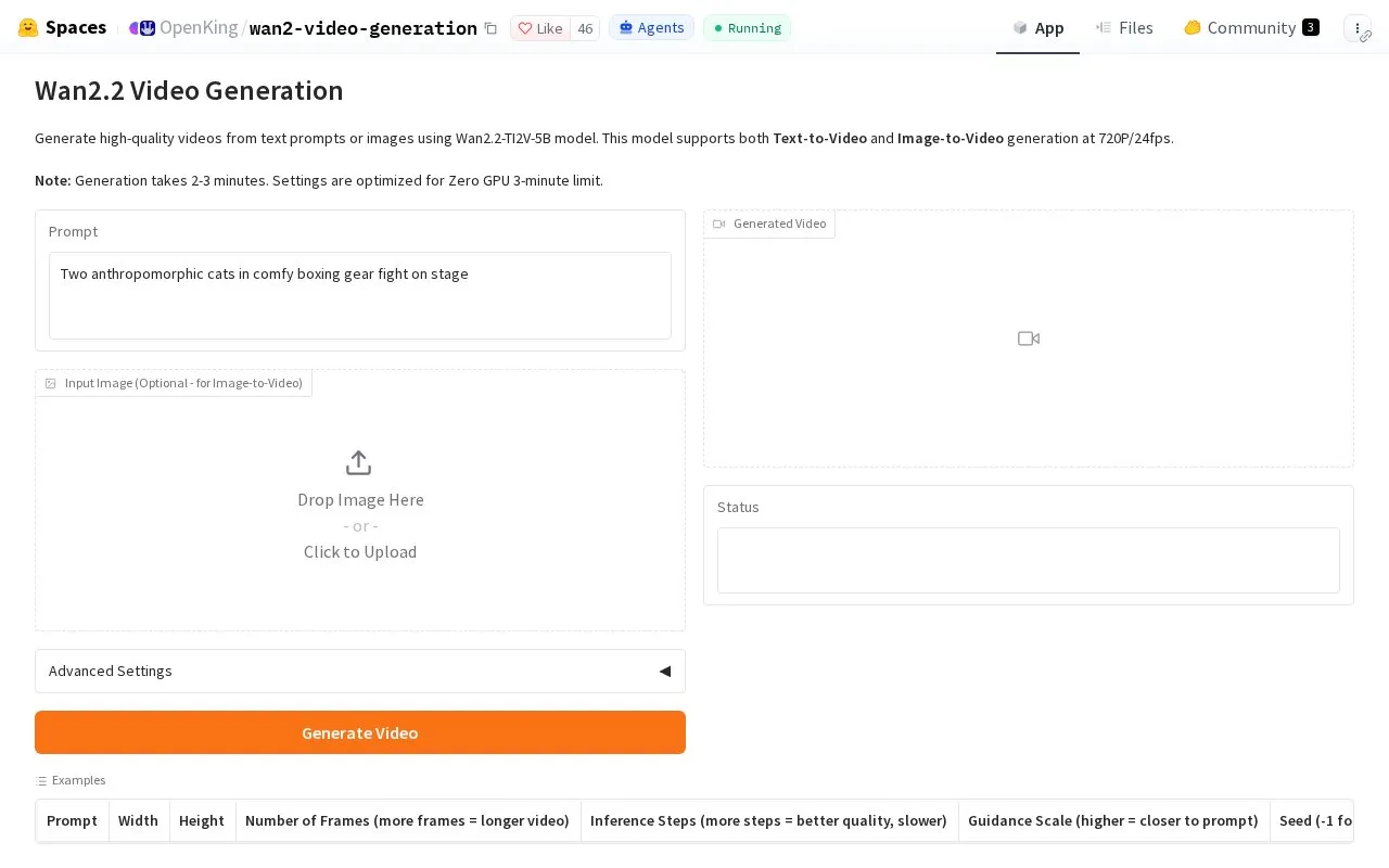 Wan2.2 Video Generation homepage screenshot