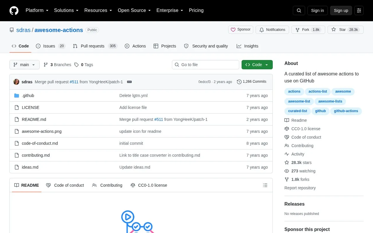 Awesome Actions homepage screenshot