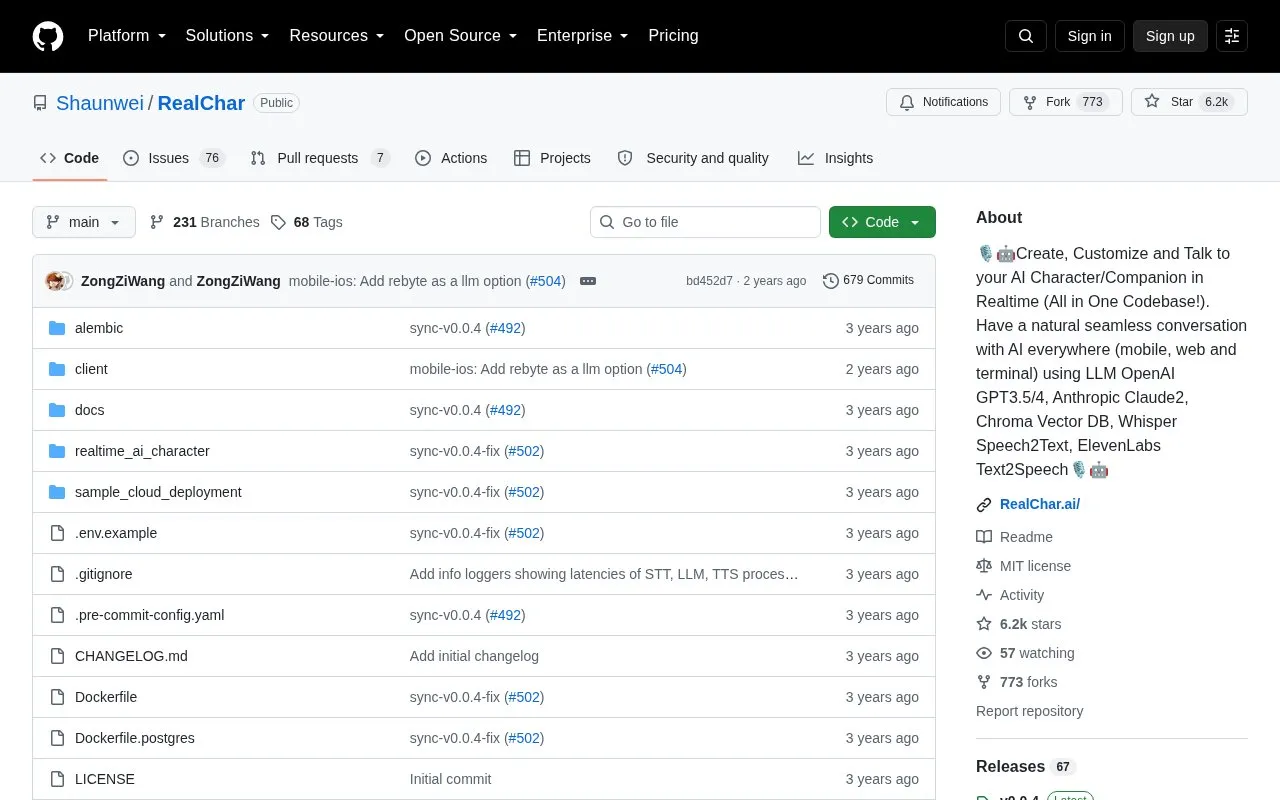 Shaunwei/RealChar homepage screenshot