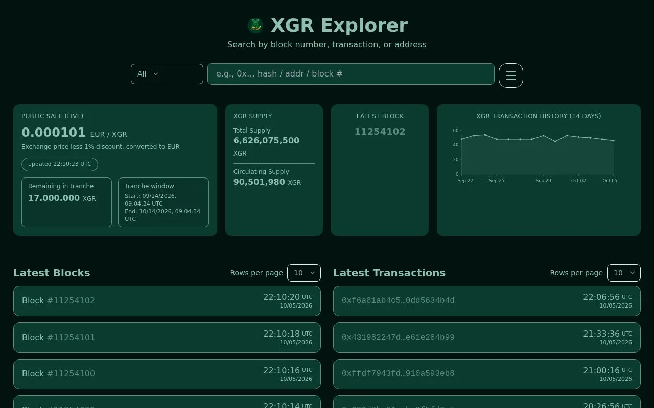 XGR Mainnet — XGRScan homepage screenshot