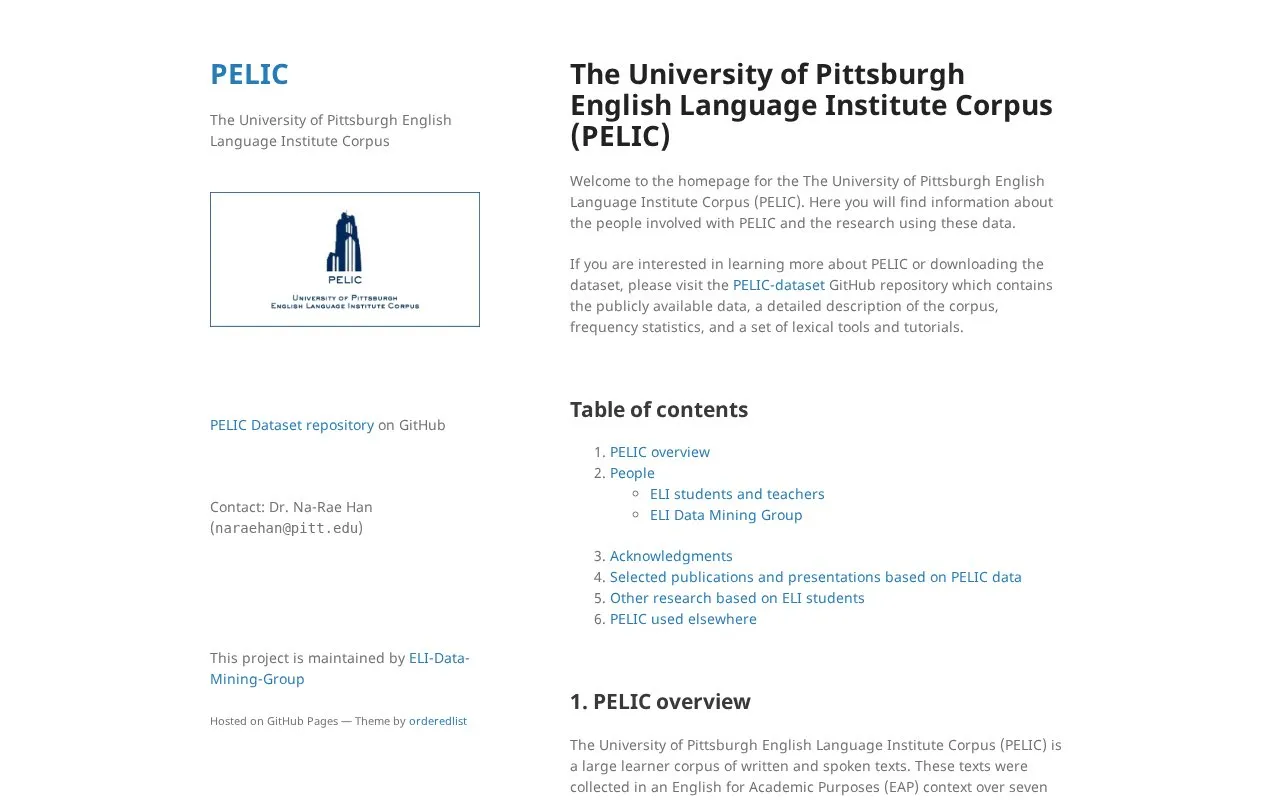 The University of Pittsburgh English Language Institute Corpus homepage screenshot
