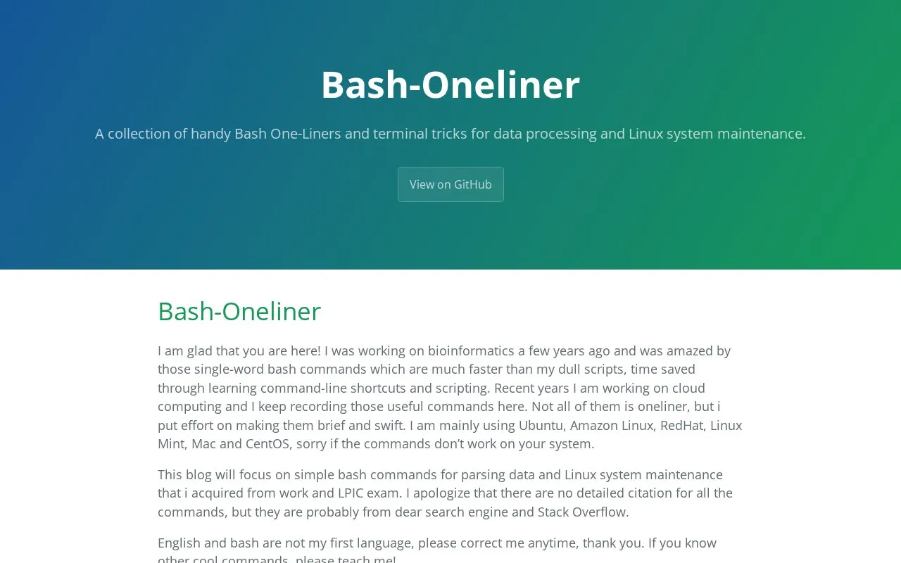 Bash-Oneliner homepage screenshot