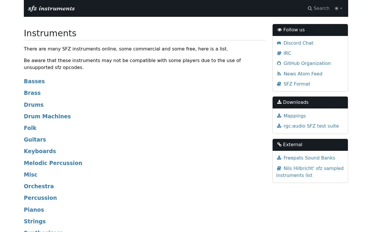 Sfzinstruments homepage screenshot
