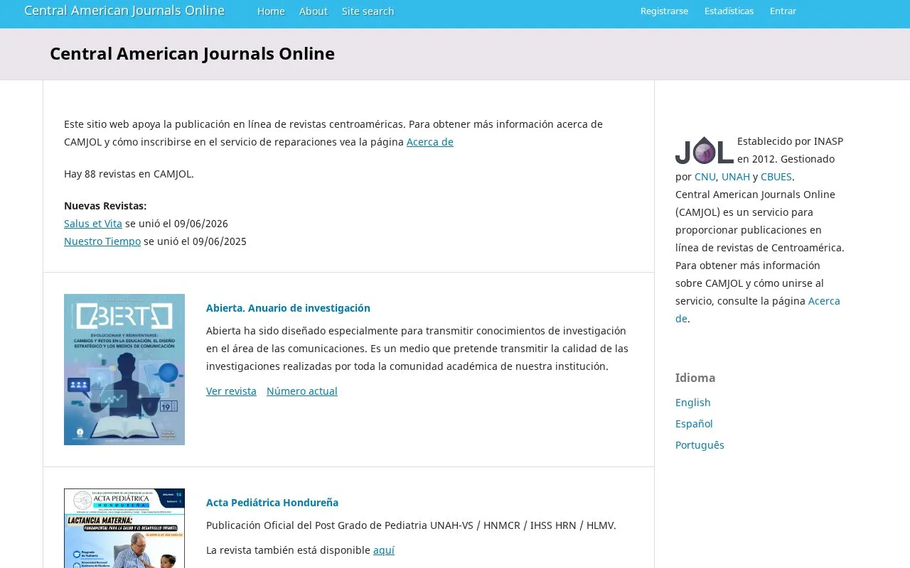 Central American Journals OnLine (CAMJOL) homepage screenshot