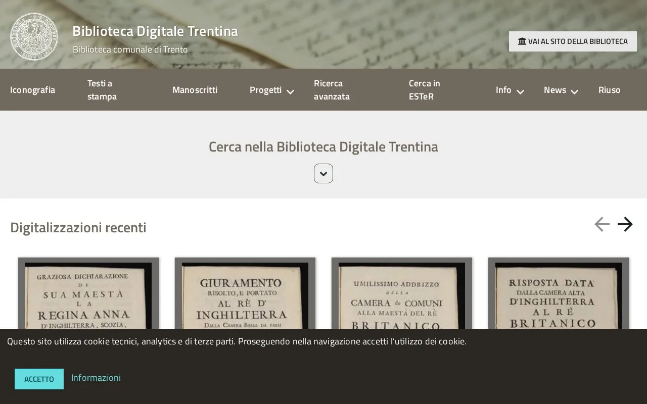 Biblioteca Digitale Trentina homepage screenshot