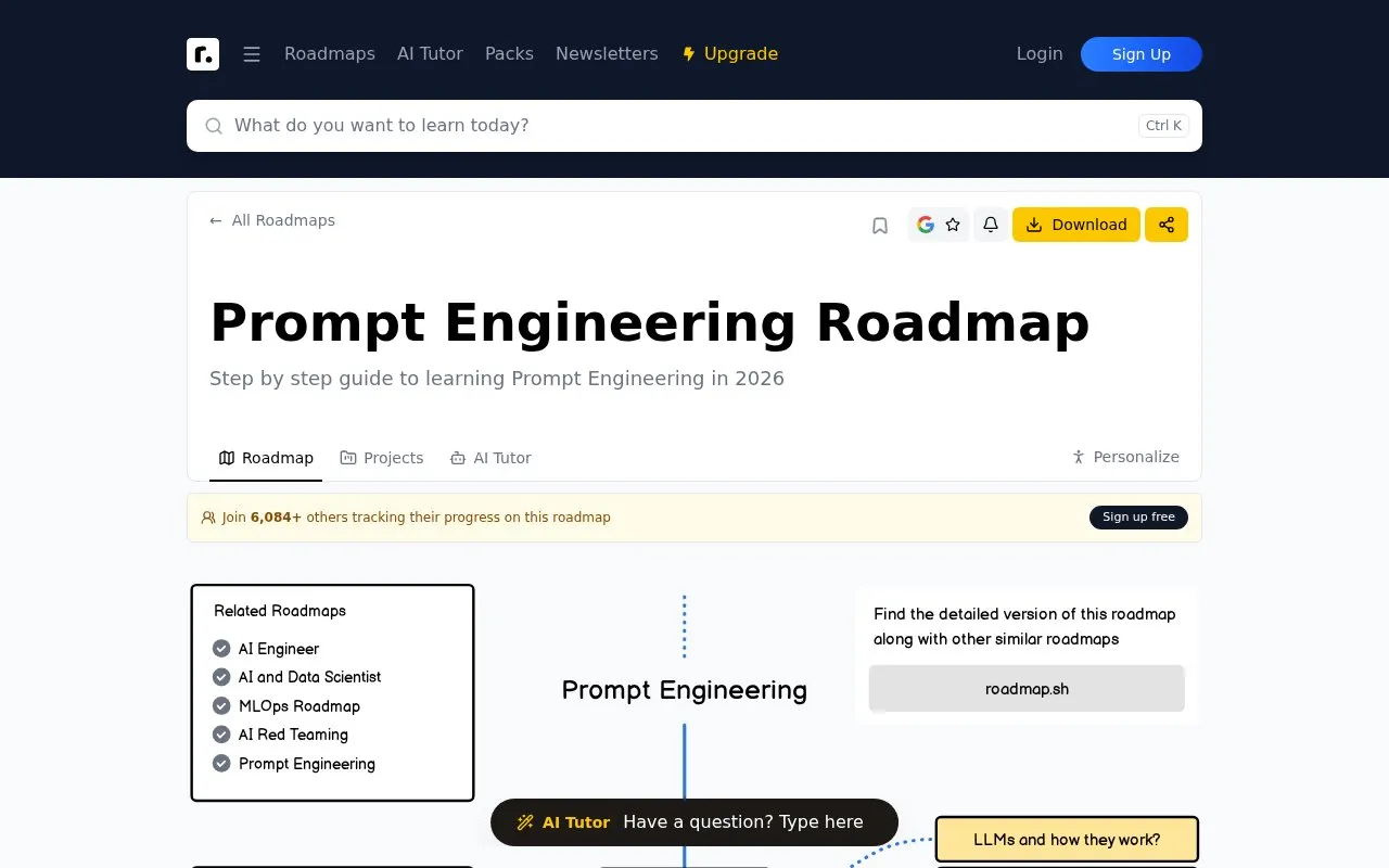 Prompt Engineering Roadmap - roadmap.sh homepage screenshot