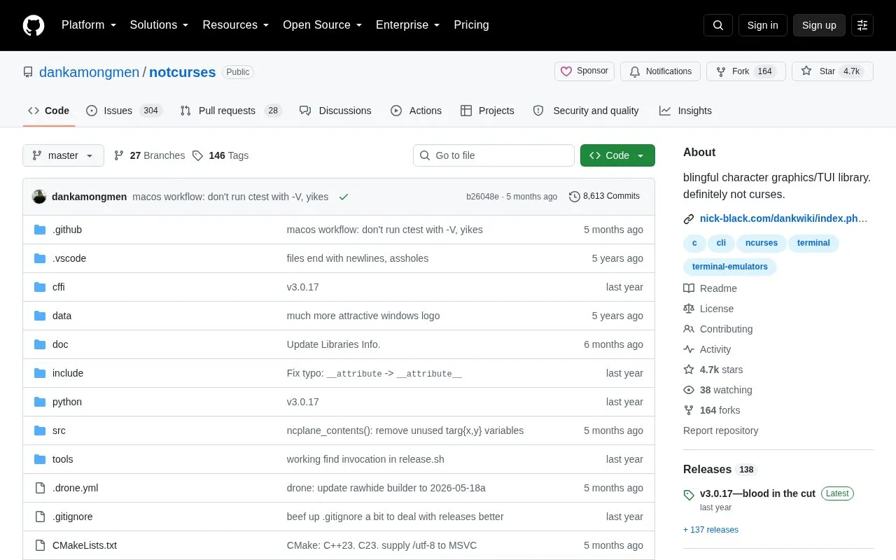 NotCurses homepage screenshot