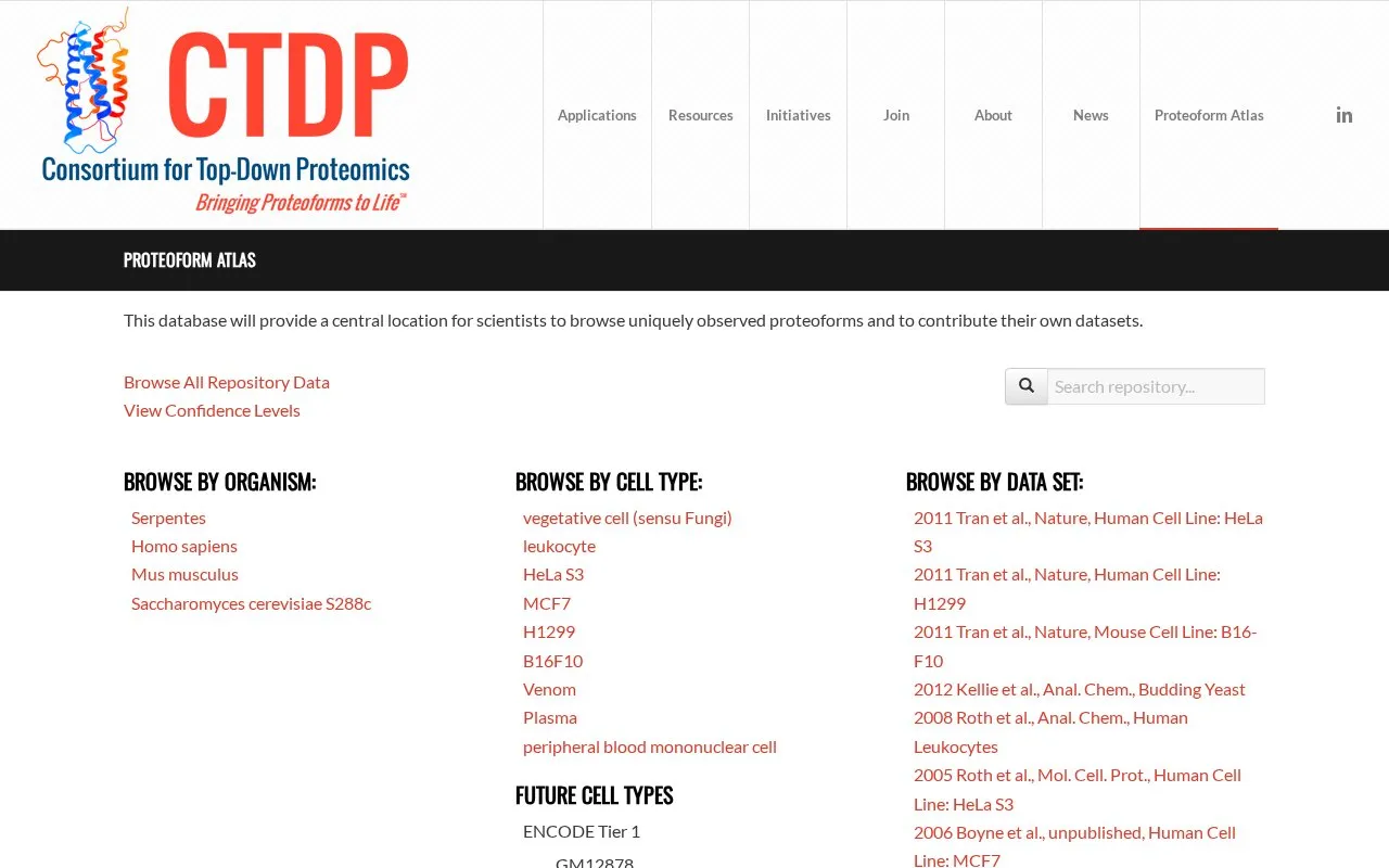 Top Down Proteomics Repository homepage screenshot