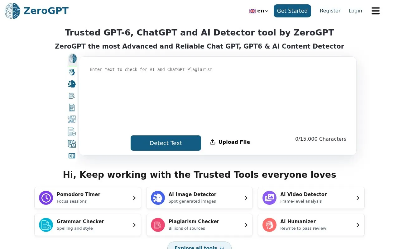 ZeroGPT homepage screenshot