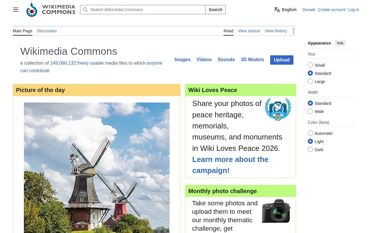 Wikimedia Commons homepage screenshot
