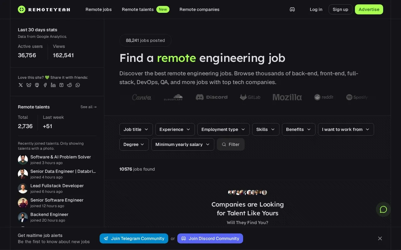 RemoteYeah homepage screenshot