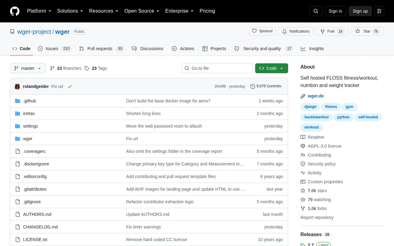 Wger homepage screenshot