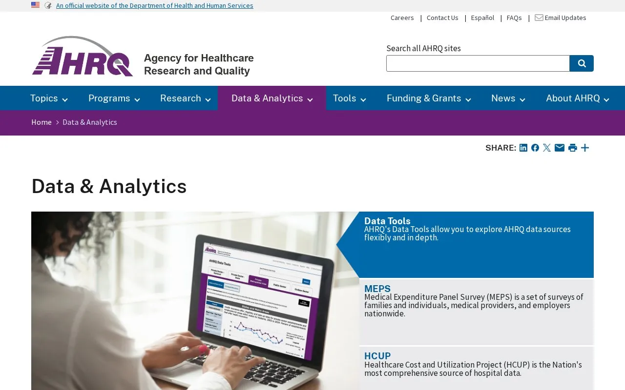 Agency for Healthcare Research and Quality, Data & Surveys homepage screenshot