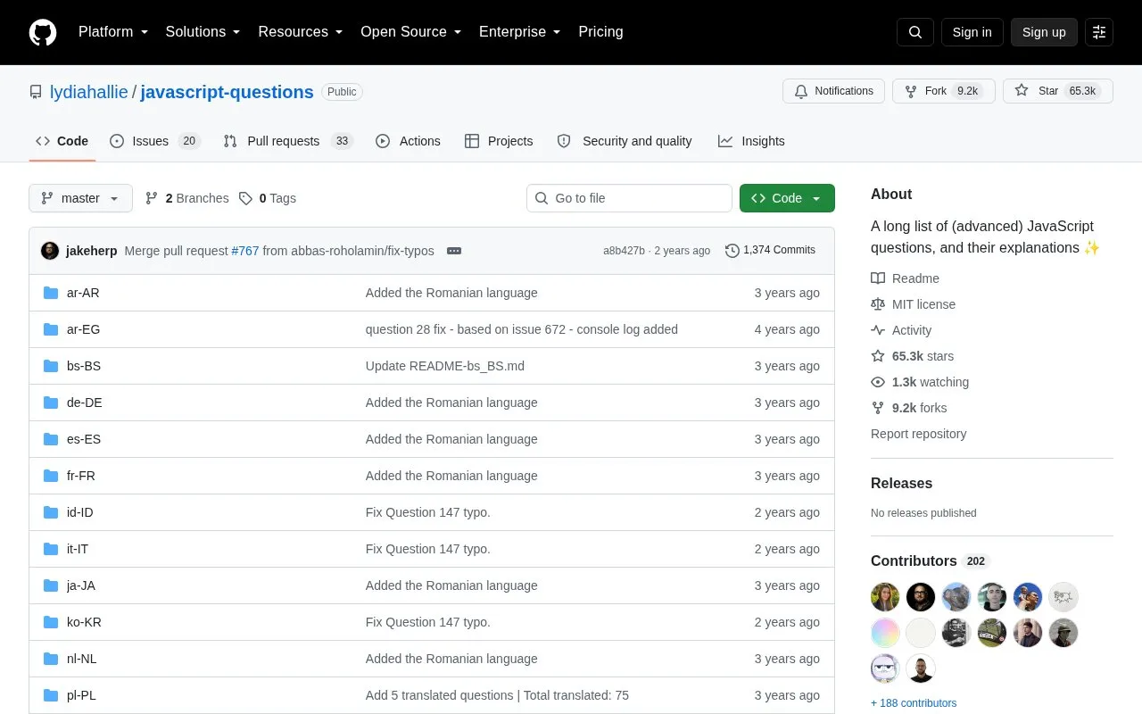 JavaScript Questions homepage screenshot
