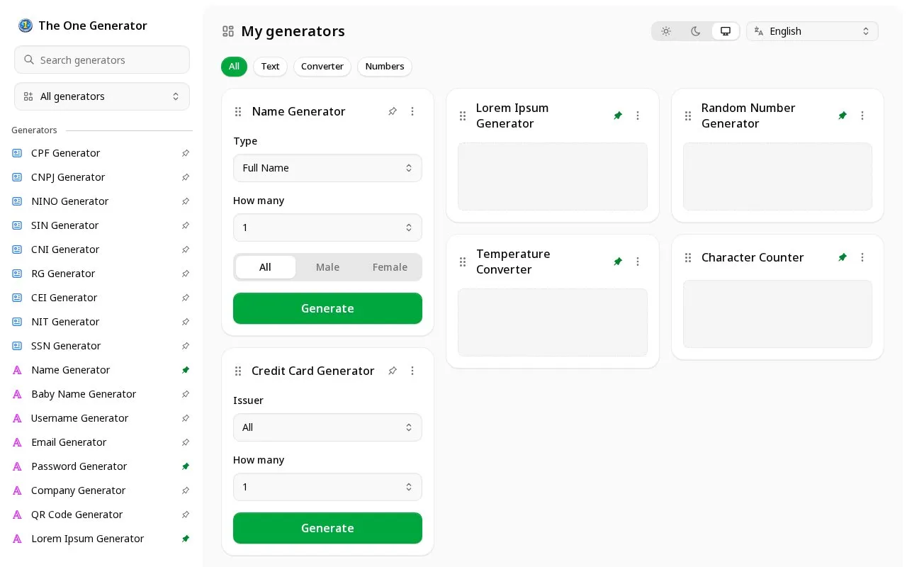 The One Generator homepage screenshot