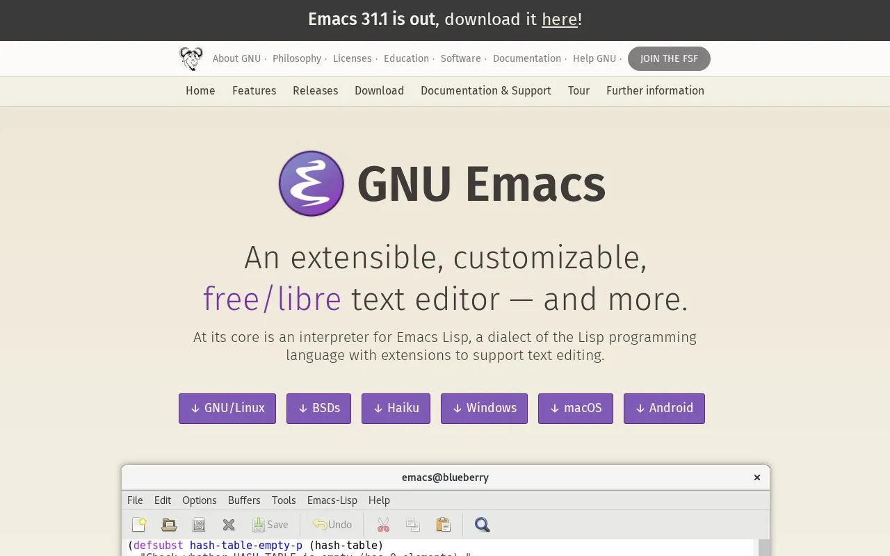Emacs homepage screenshot