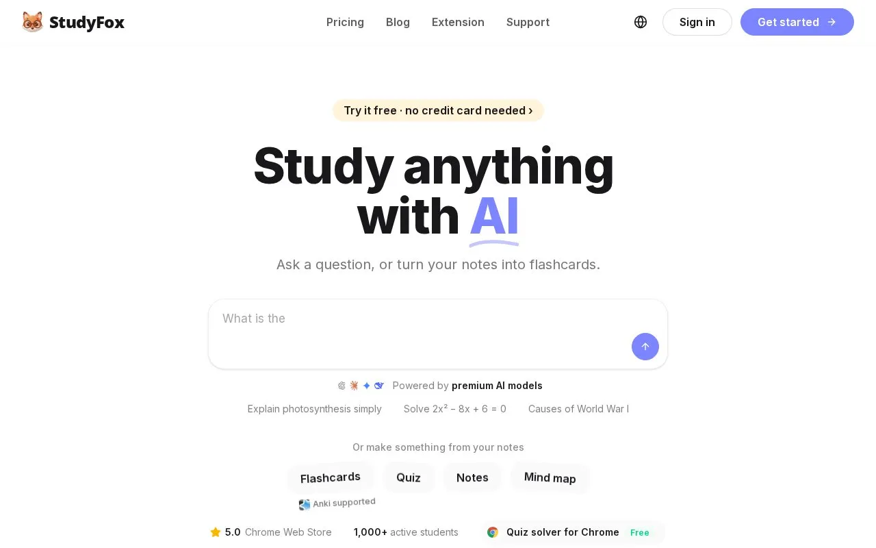 StudyFox AI homepage screenshot