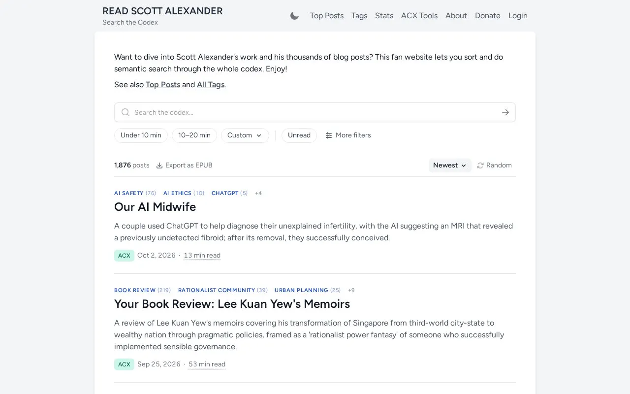 Read Scott Alexander homepage screenshot