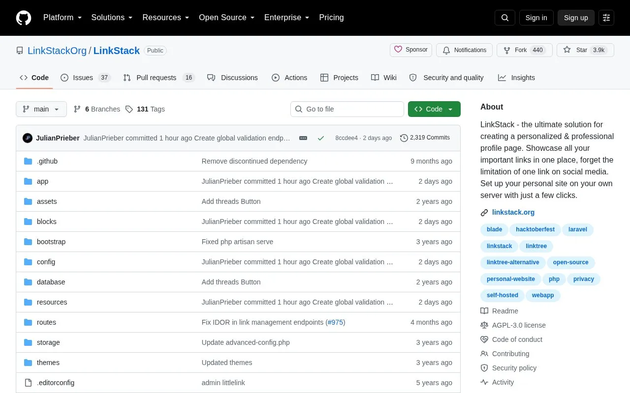 Link Stack homepage screenshot