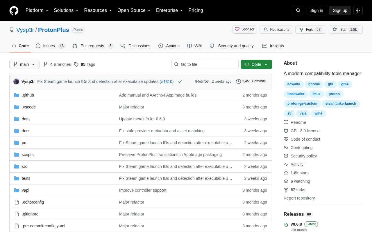 ProtonPlus homepage screenshot