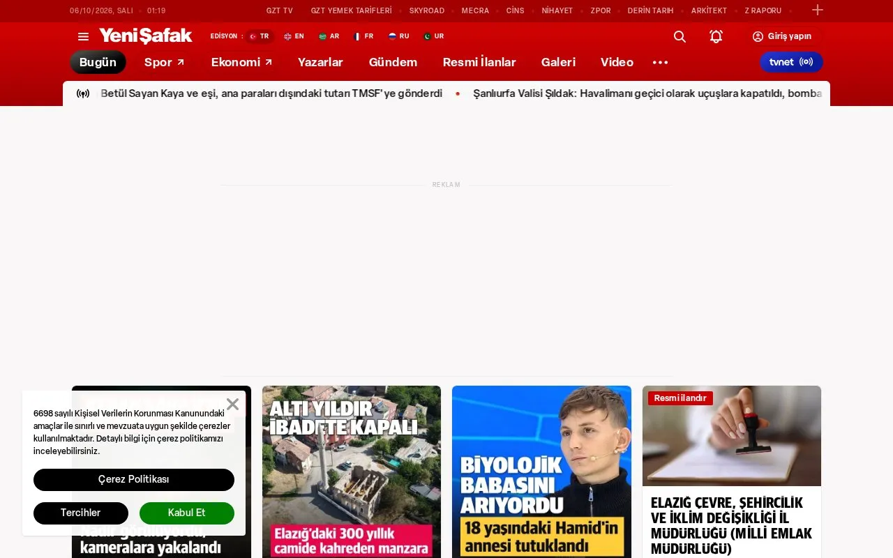 Yeni Şafak homepage screenshot