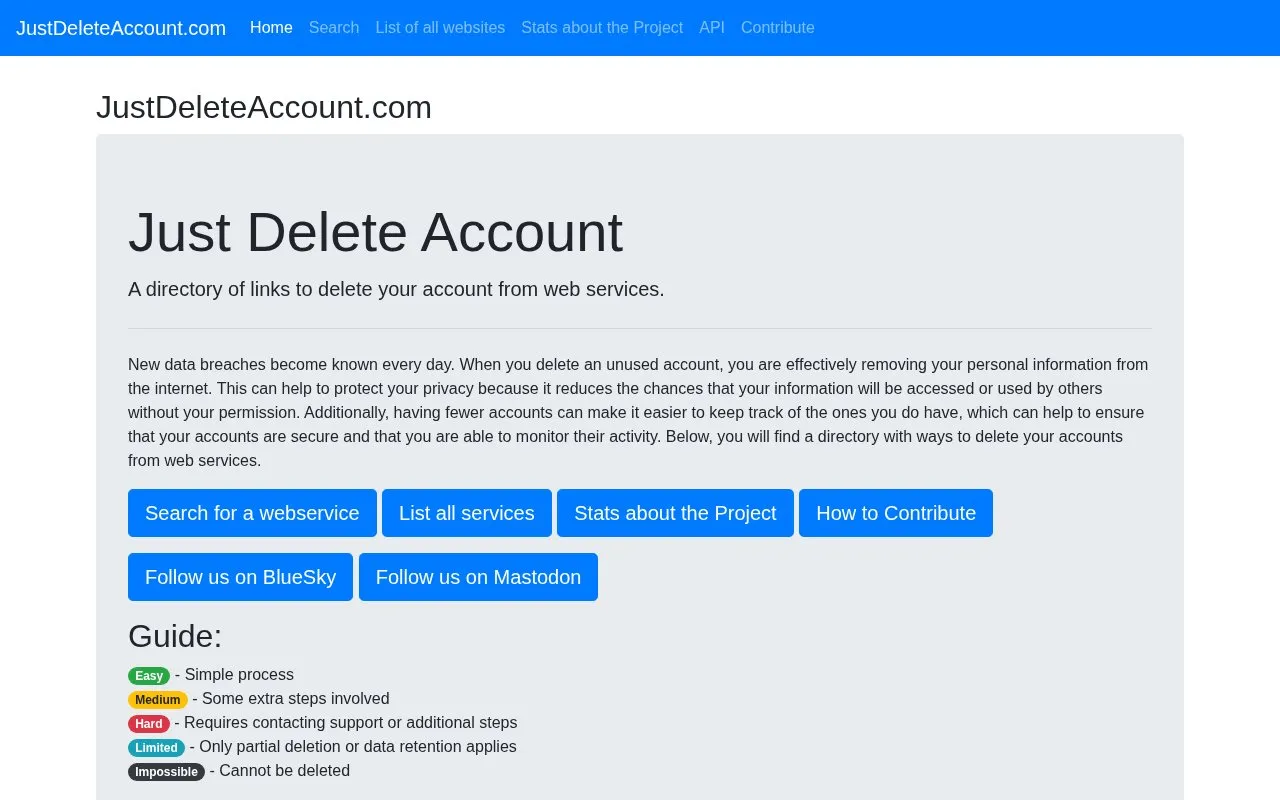JustDeleteAccount homepage screenshot