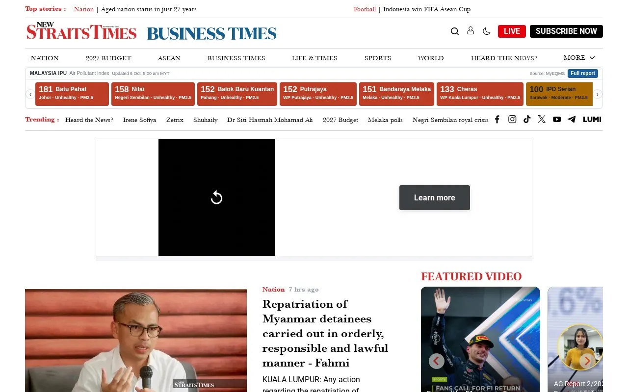 New Straits Times homepage screenshot