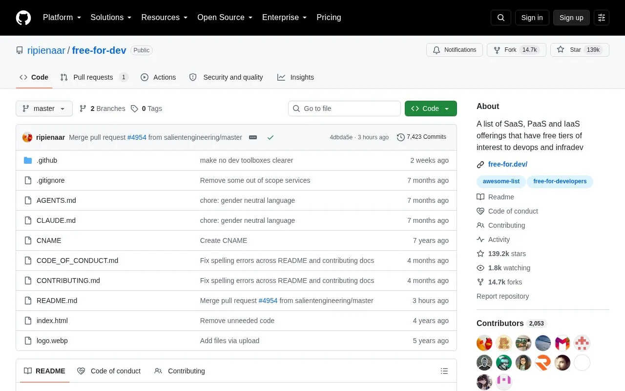 Free For Dev homepage screenshot
