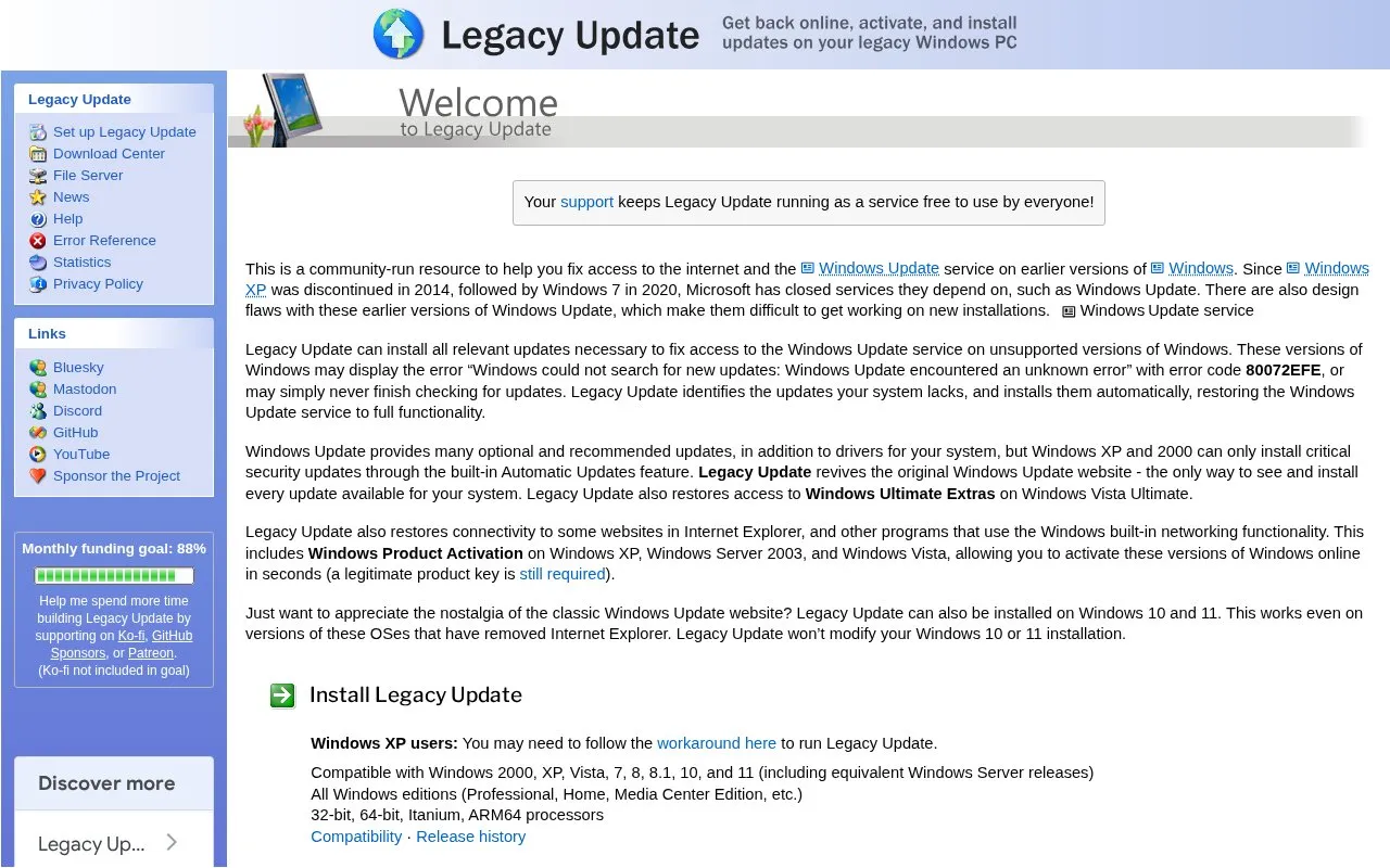 LegacyUpdate homepage screenshot