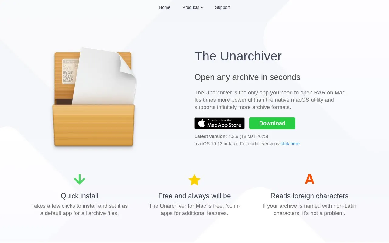 The Unarchiver homepage screenshot