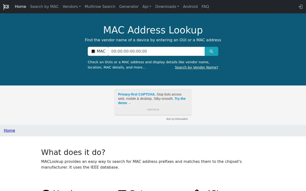 MAC Address Lookup homepage screenshot