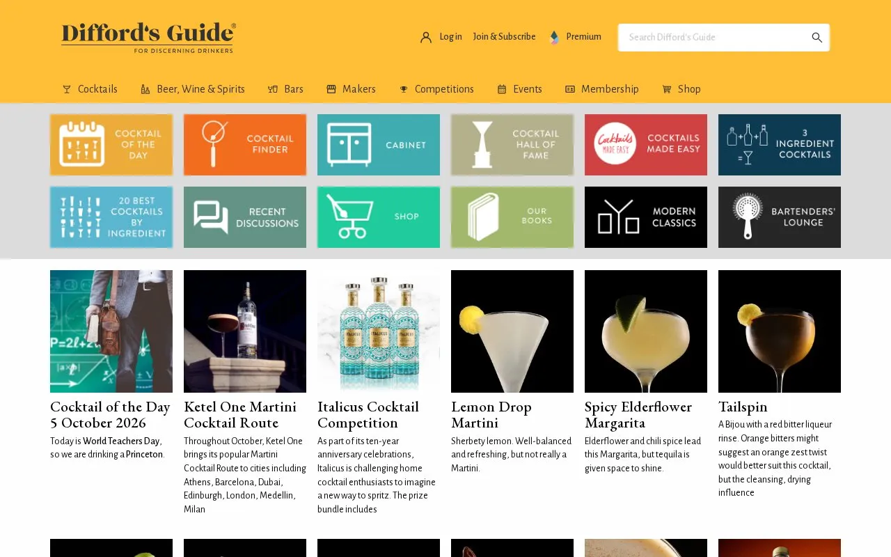 Difford's Guide homepage screenshot