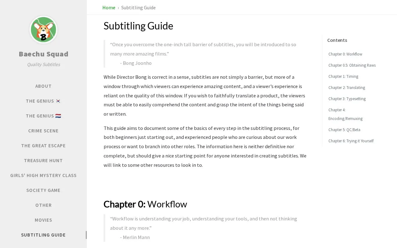 Subtitling Guide homepage screenshot