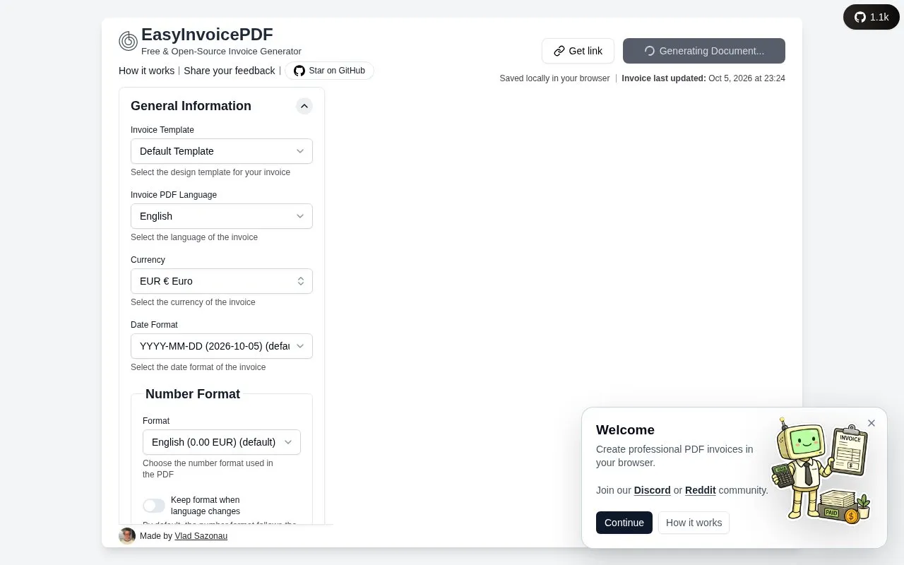 EasyInvoicePDF homepage screenshot