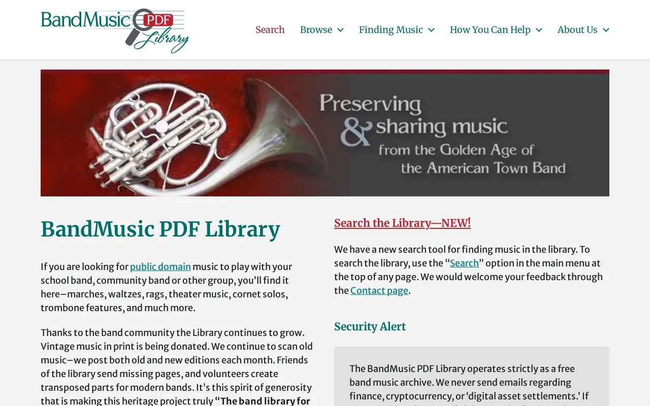 BandMusic PDF Library homepage screenshot
