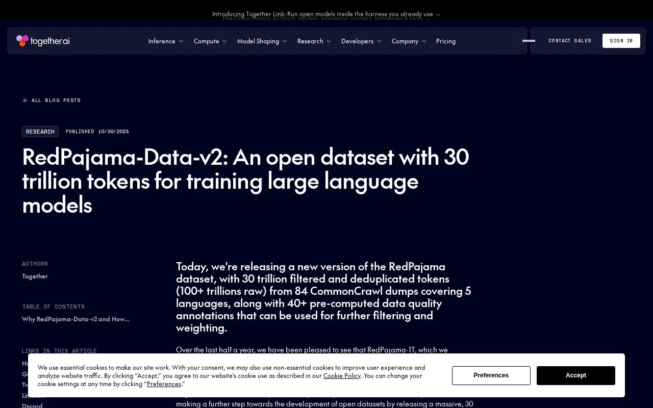 RedPajama-Data-v2 by Together AI homepage screenshot