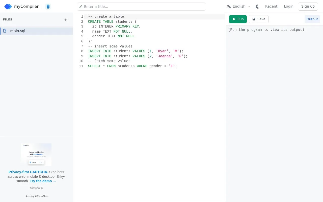 SQL Editor homepage screenshot