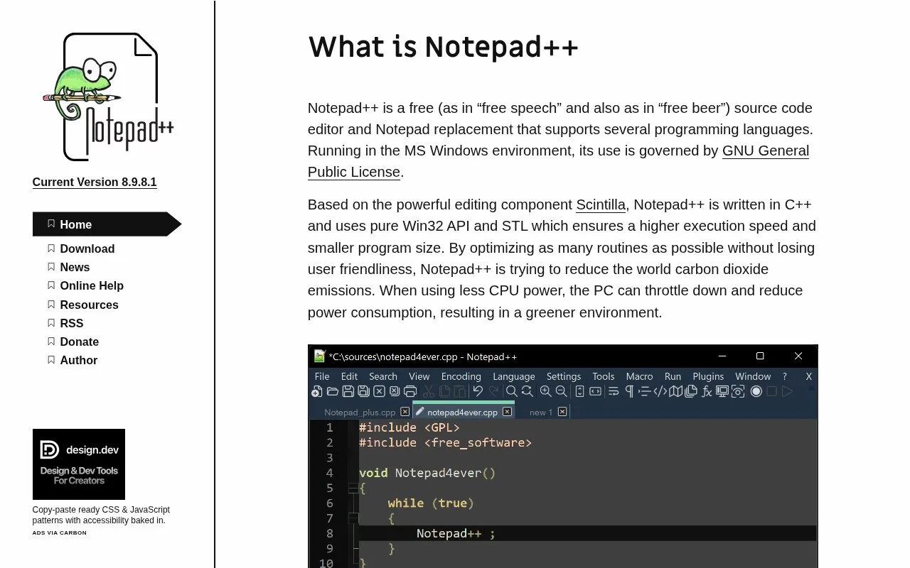 Notepad++ homepage screenshot